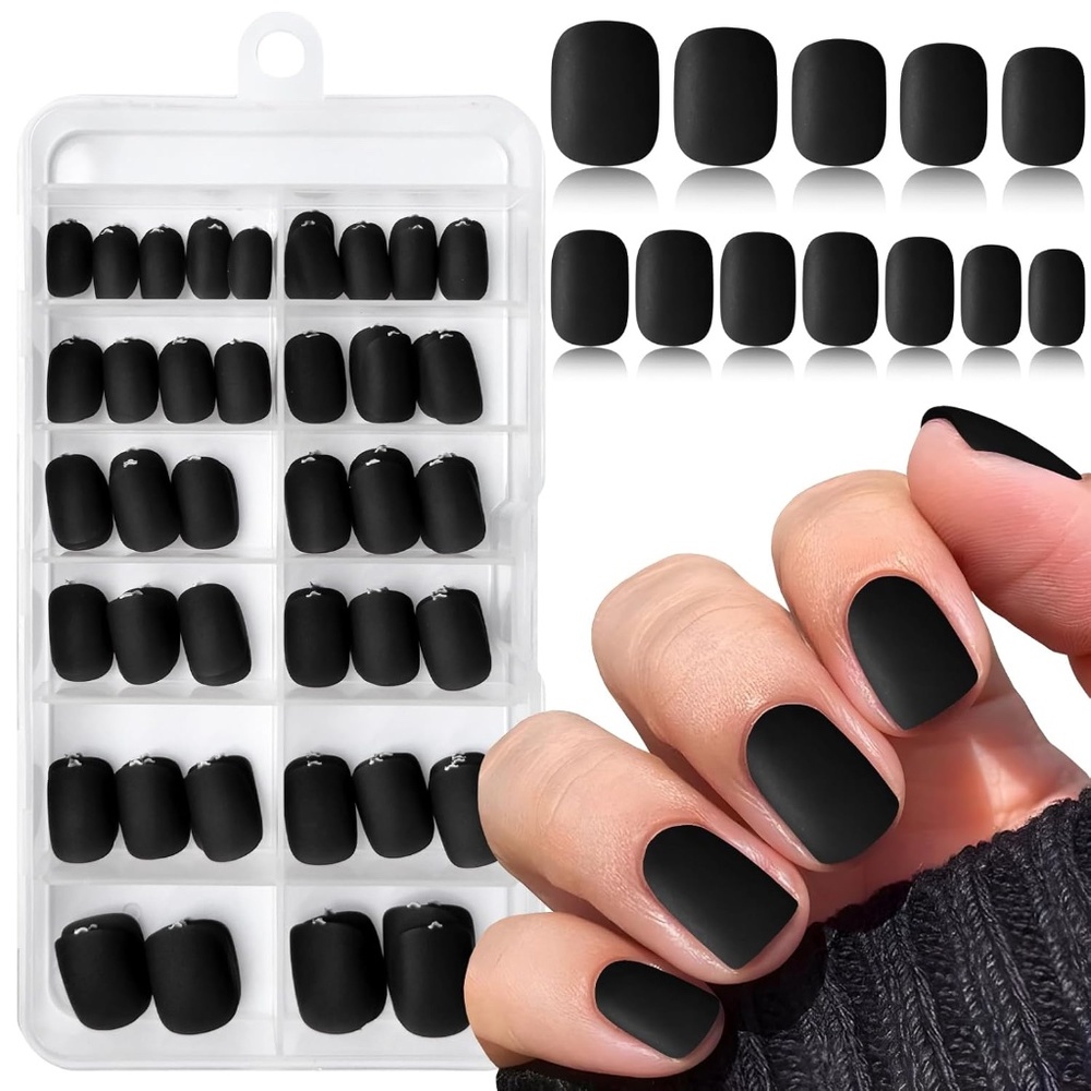 Matte Black Short Square 120 Press on Nails - Picture 1 of 8